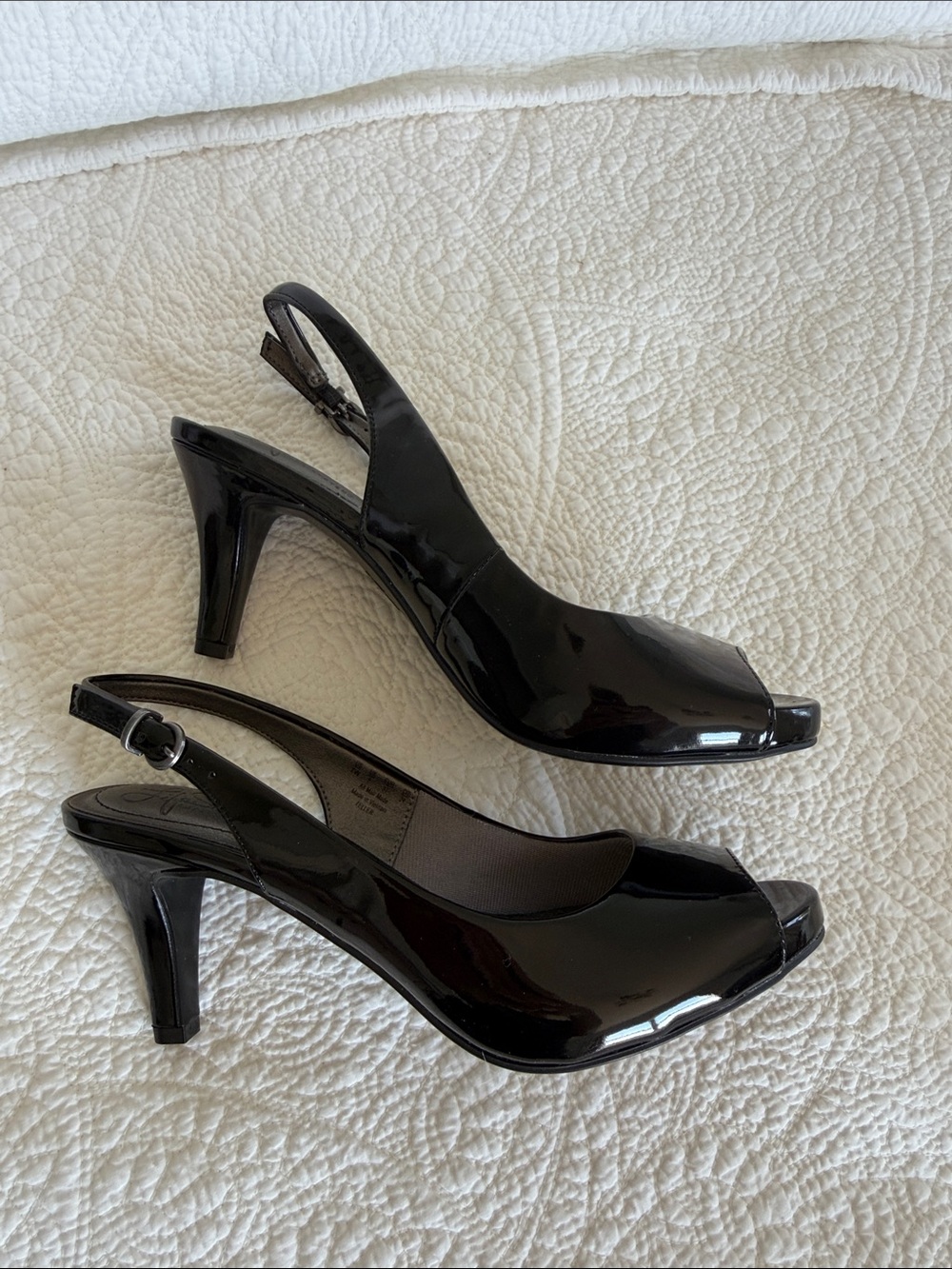 Life Stride Brand New Black Patent Peep-Toe Slingback Heels
